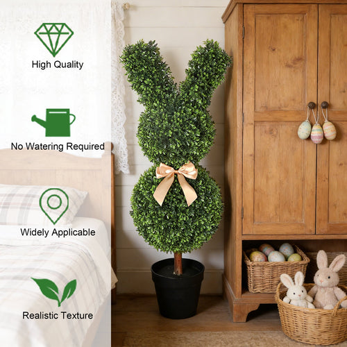 single 36 inch faux easter bunny topiary with wireframe rabbit shape covered in green boxwood style leaves and red bow