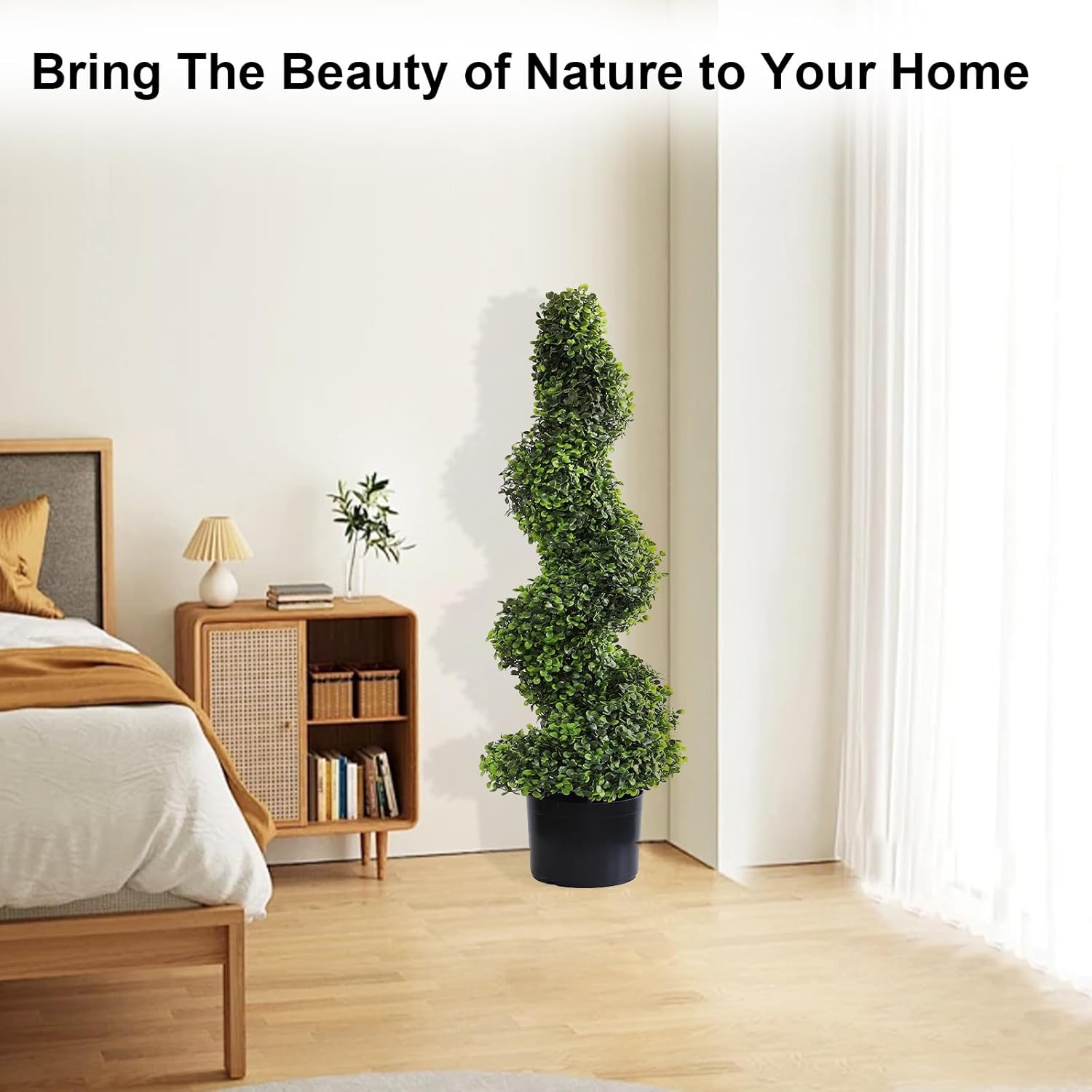 single 35 inch compact faux boxwood spiral tree with twisted trunk and layered rounded foliage balls for tabletop