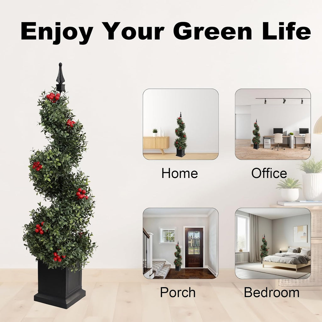 twisted spiral trunk of boxwood topiary with small red berry accents woven through green foliage