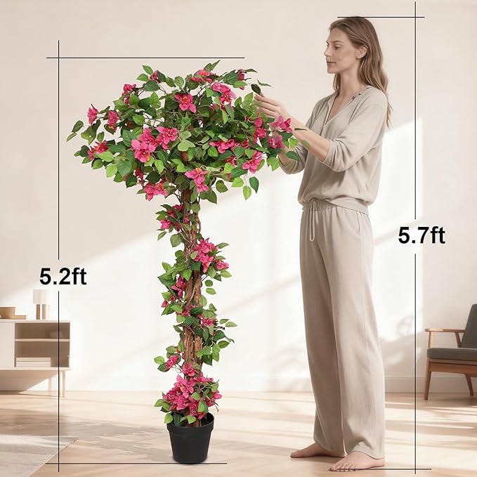 single trunk of 63 inch faux bougainvillea tree with natural brown bark supporting tall rounded flowering canopy