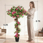 single trunk of 63 inch faux bougainvillea tree with natural brown bark supporting tall rounded flowering canopy
