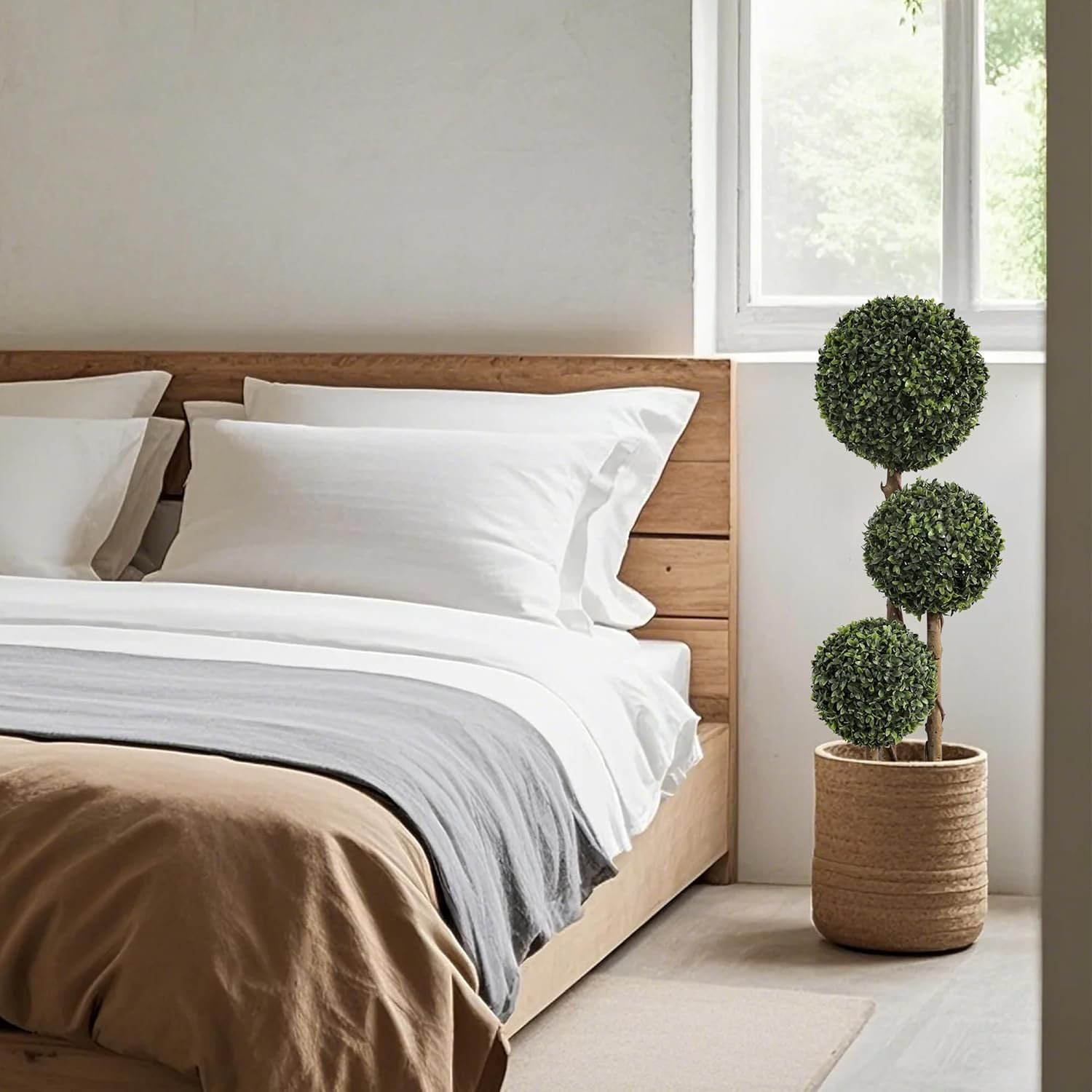 pair of triple ball topiaries flanking front door