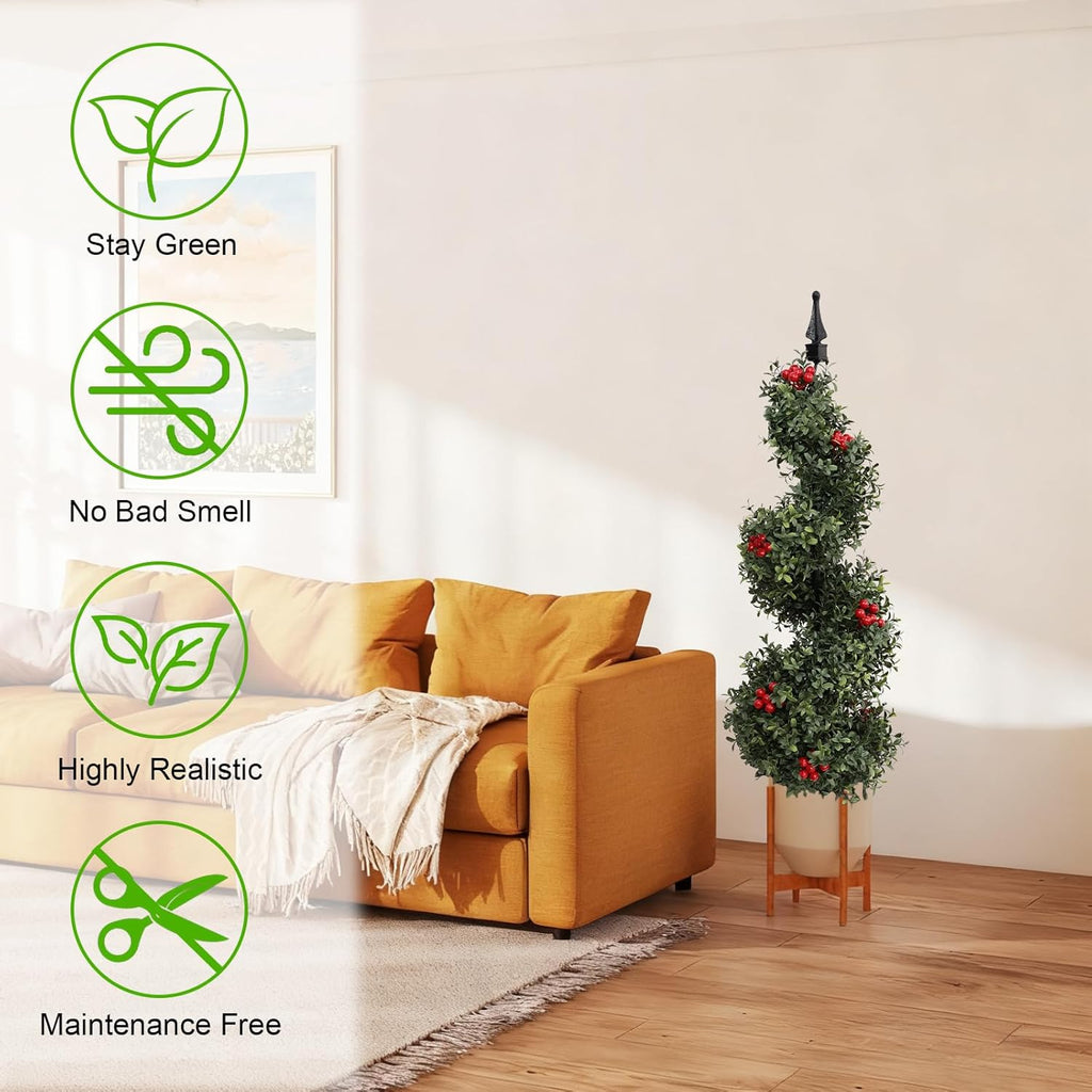 single 3 foot faux boxwood spiral tree with twisted trunk, green ball canopies, and decorative red berries for Christmas