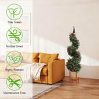 single 3 foot faux boxwood spiral tree with twisted trunk, green ball canopies, and decorative red berries for Christmas