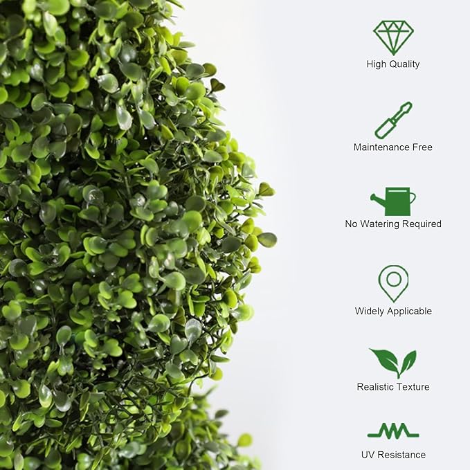detailed view of artificial boxwood leaves on 35 inch spiral tree showing classic green color and small glossy texture