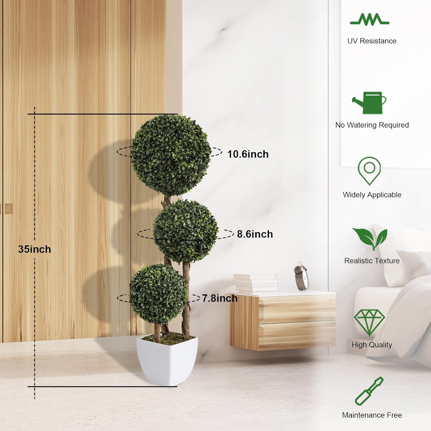 realistic faux boxwood triple ball topiary close up