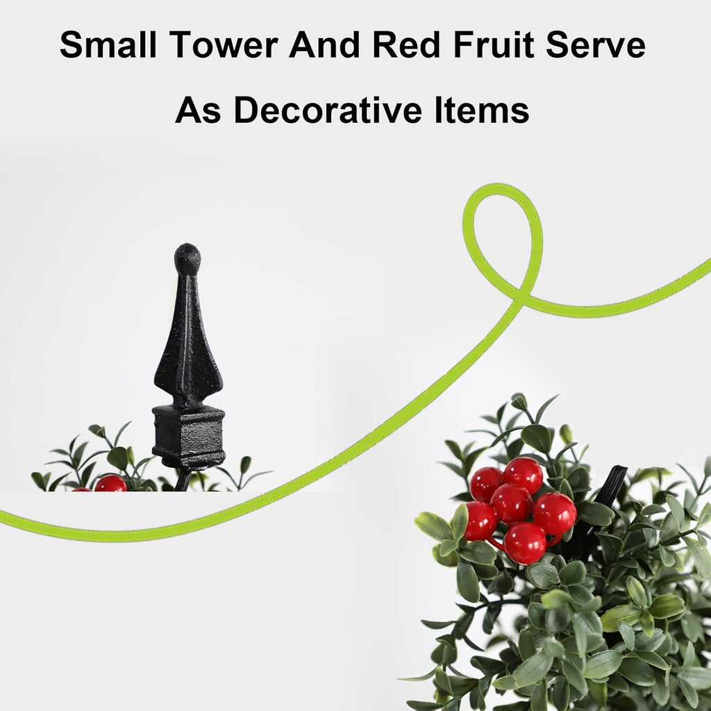 close up of artificial red berries on boxwood spiral topiary showing bright red color and clustered arrangement on branches