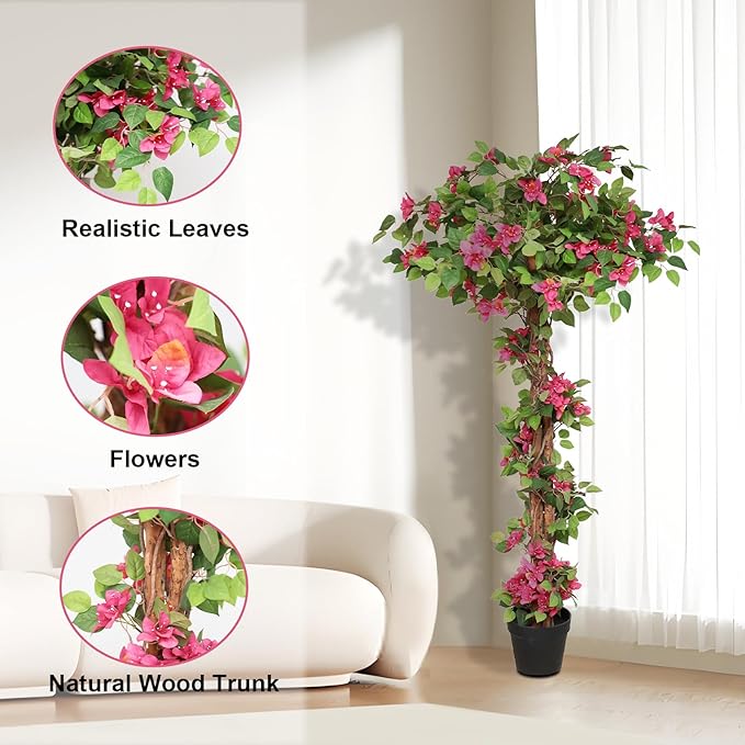 close up of tall faux bougainvillea tree canopy showing clusters of bright pink papery bracts and small green leaves