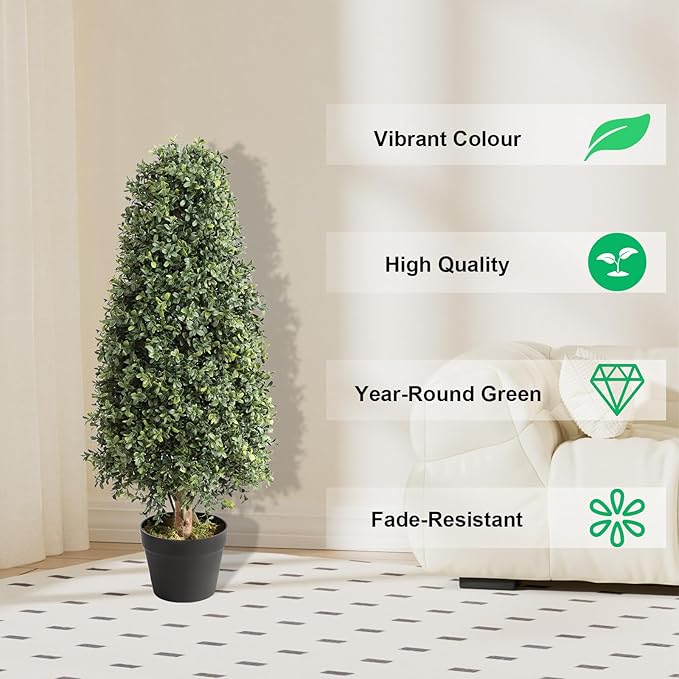 single 3 foot faux boxwood pyramid topiary with dense green cone form from wide base to pointed top