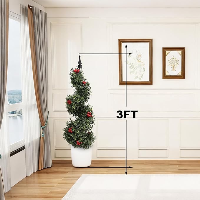 red berry spiral topiaries in living room corners with Christmas tree and gifts for festive indoor decor