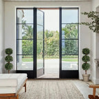 pair of 46.5 inch triple ball boxwood topiaries flanking front entrance door for classic formal symmetry
