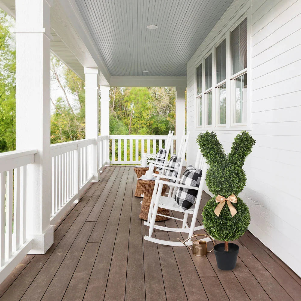 easter bunny topiary trees used as party decor for egg hunt, brunch, or community event with children and families