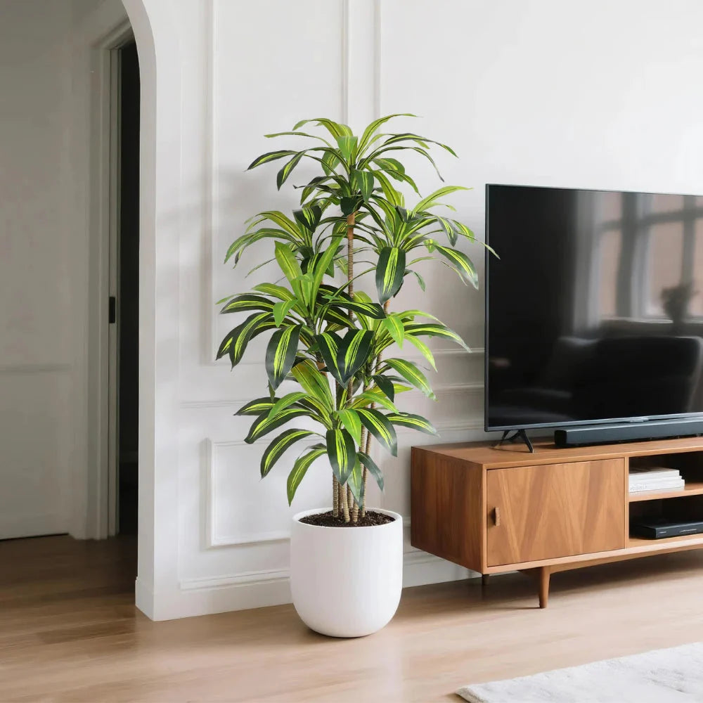 59 inch artificial dracaena plant full view showing multi-stem trunk and upright sword shaped green leaves with yellow edges