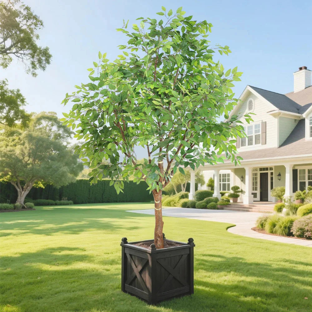 multi-stem trunk of 94.5 inch faux ficus tree with braided appearance and natural brown bark texture