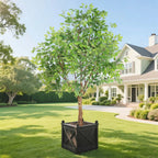 multi-stem trunk of 94.5 inch faux ficus tree with braided appearance and natural brown bark texture