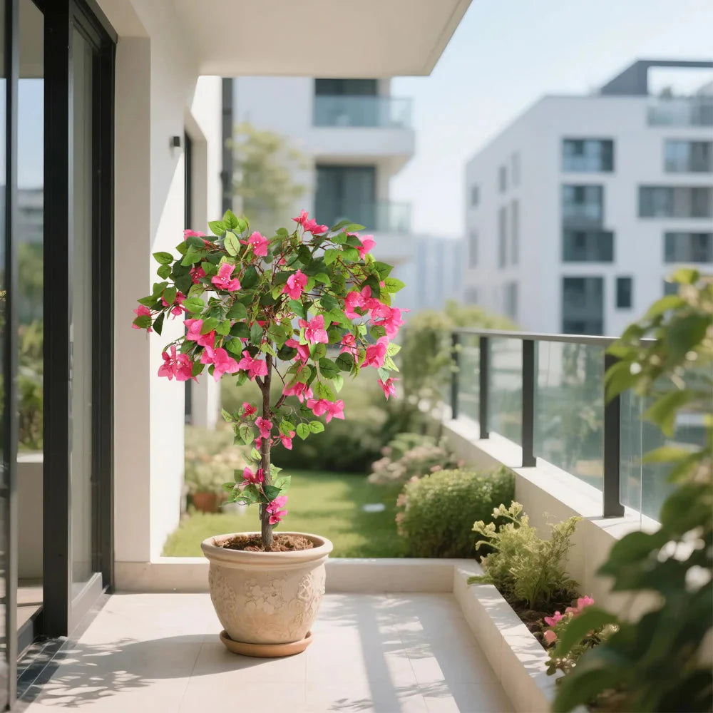 single trunk of 47 inch faux bougainvillea tree with natural brown bark supporting rounded flowering canopy