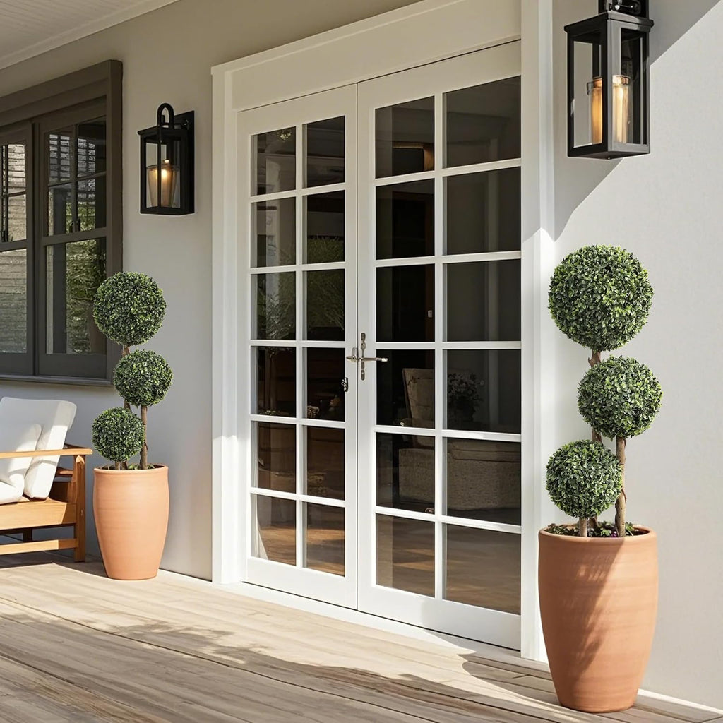 two 3 foot triple ball topiary trees side by side