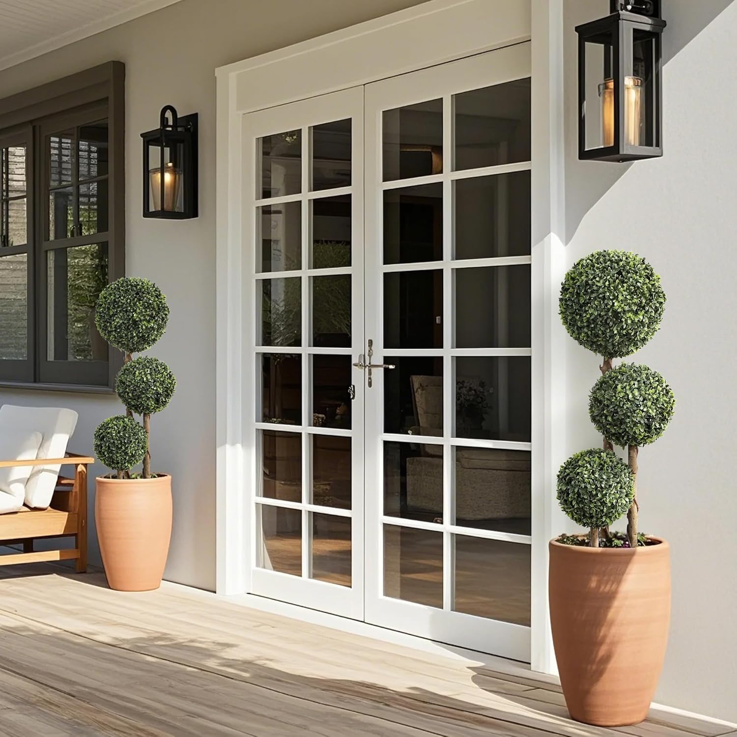 two 3 foot triple ball topiary trees side by side