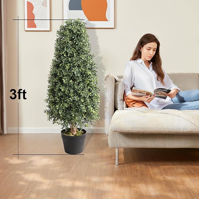 2-Pack 3ft Artificial Boxwood Topiary Trees – Classic Pyramid Cone Topiaries, Zero Maintenance