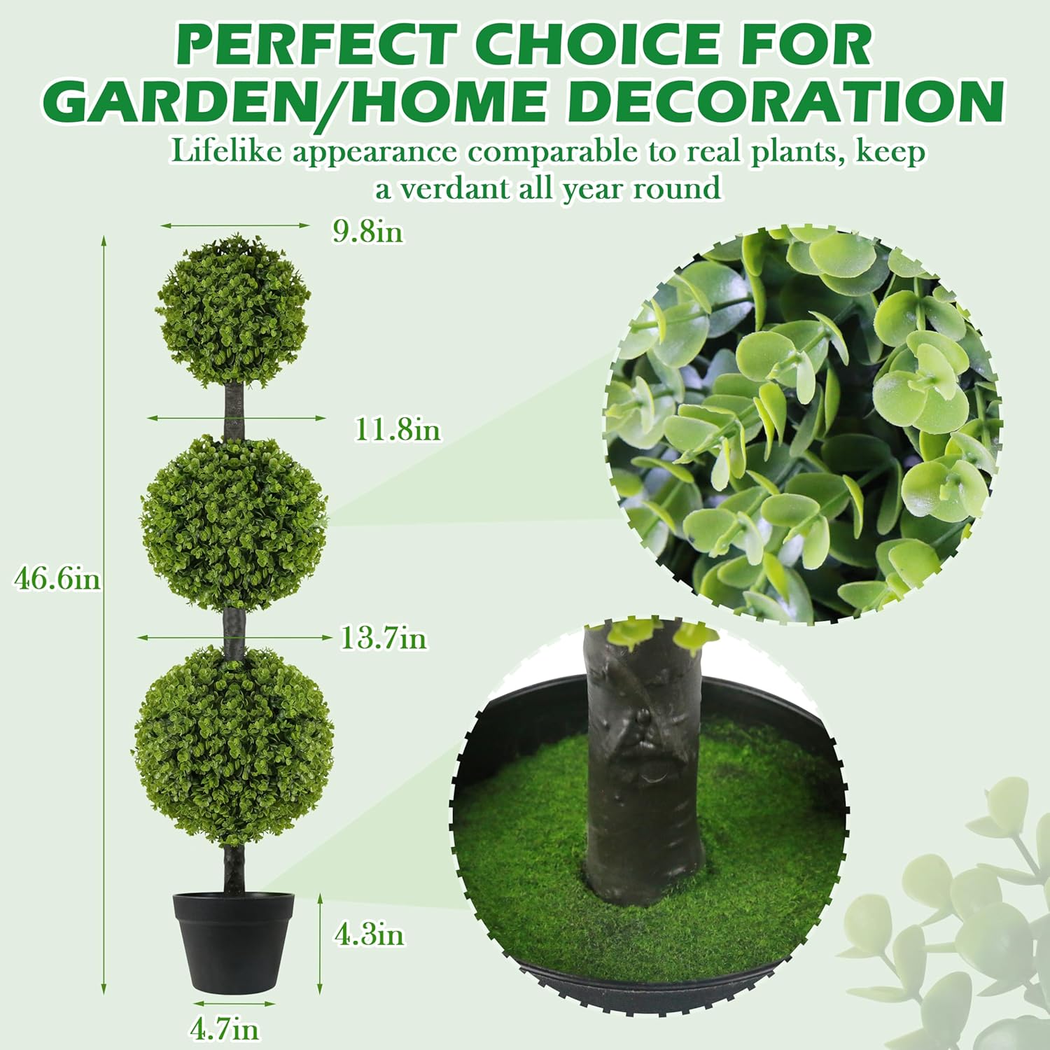 2-Pack 46.5" Artificial Topiary Triple Ball Boxwood Trees | Set of 2 Faux 3-Tier Boxwood for Entry