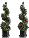 2 pack 3 foot boxwood spiral topiary trees with red berries side by side showing classic spiral form with festive red fruit accents