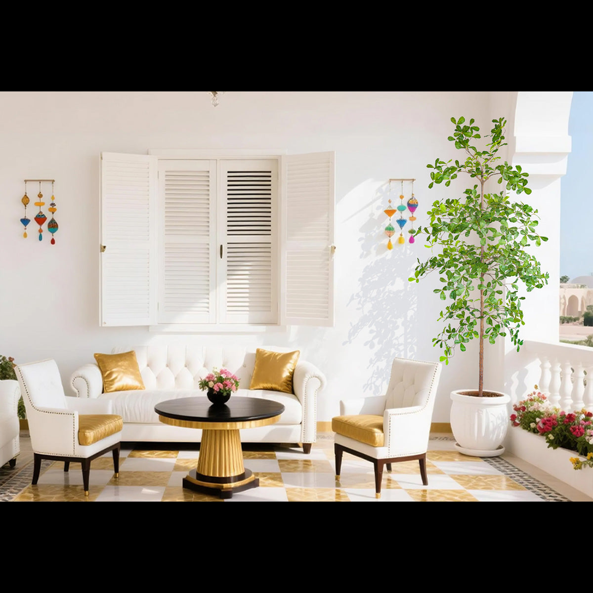 large artificial olive tree in modern hotel lobby reception area with marble flooring and neutral decor