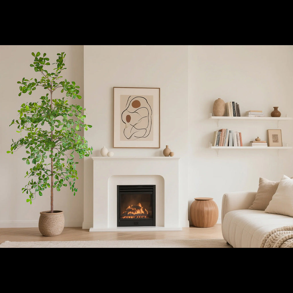 6.9ft faux olive tree placed in bright living room corner with high ceiling and white walls for scale reference