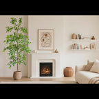 6.9ft faux olive tree placed in bright living room corner with high ceiling and white walls for scale reference