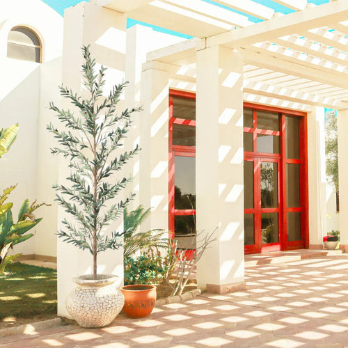 108 inch massive faux olive tree full view standing 9 feet tall with massive canopy and thick gnarled trunk