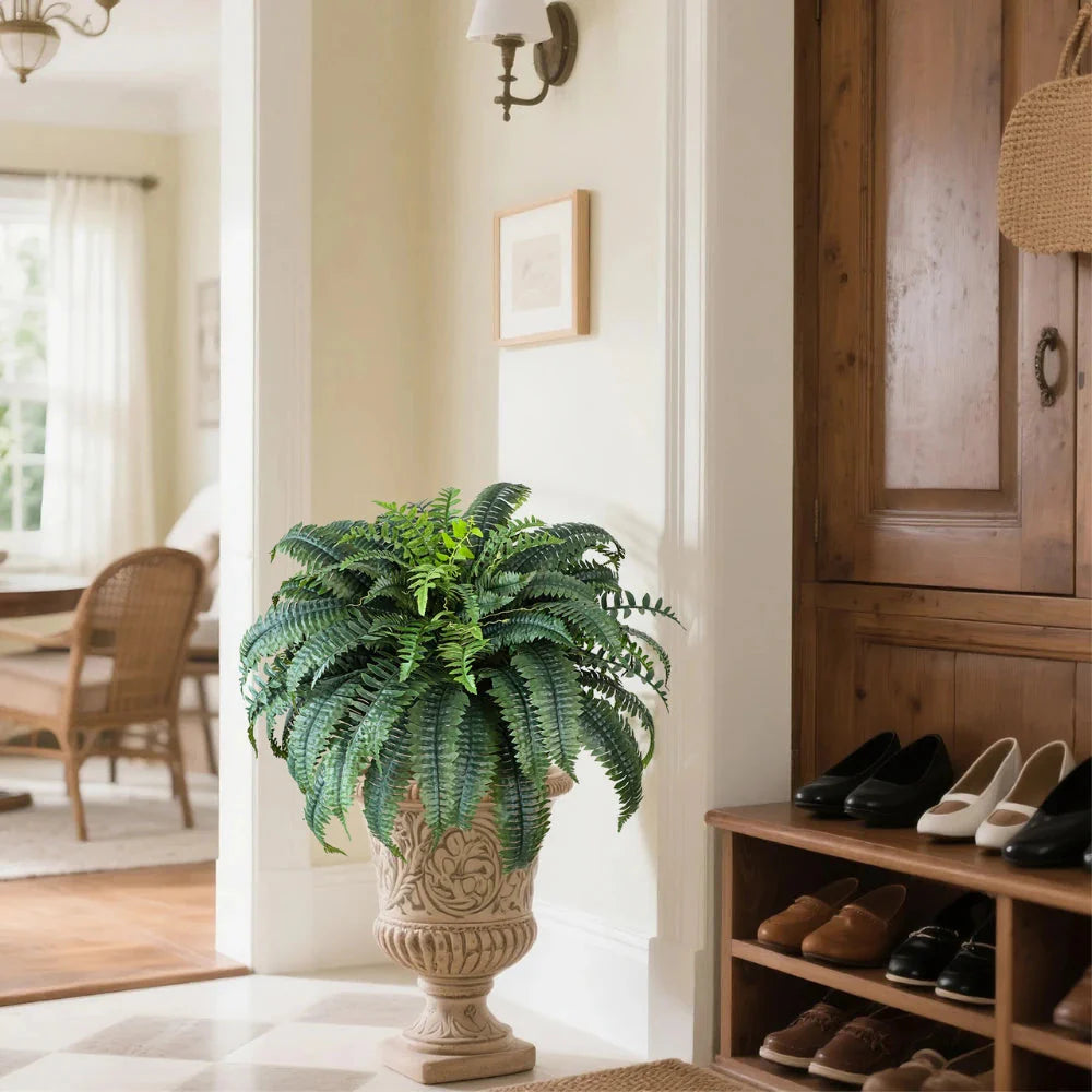 cascading fronds of 48 inch faux fern plant trailing downward demonstrating length and fullness for hanging baskets