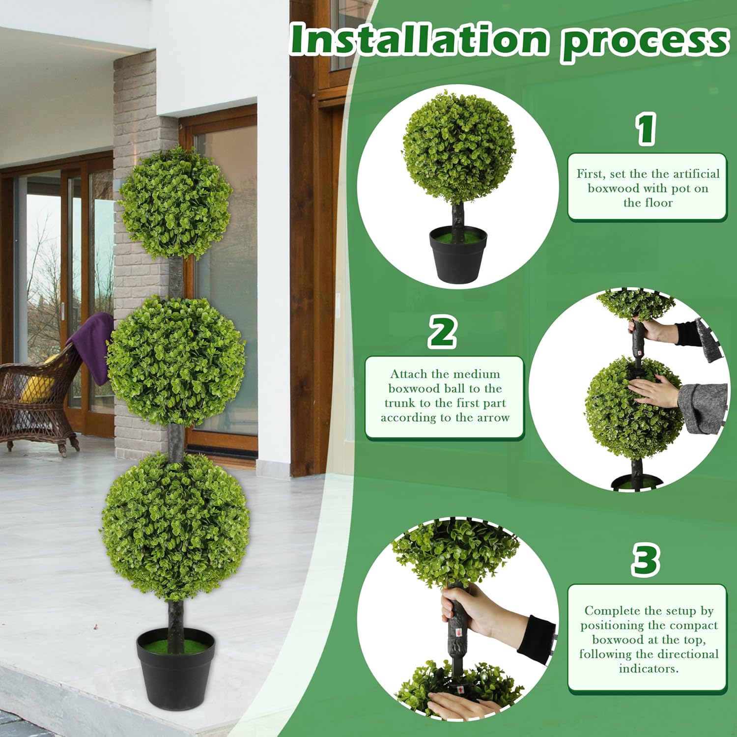 2-Pack 46.5" Artificial Topiary Triple Ball Boxwood Trees | Set of 2 Faux 3-Tier Boxwood for Entry