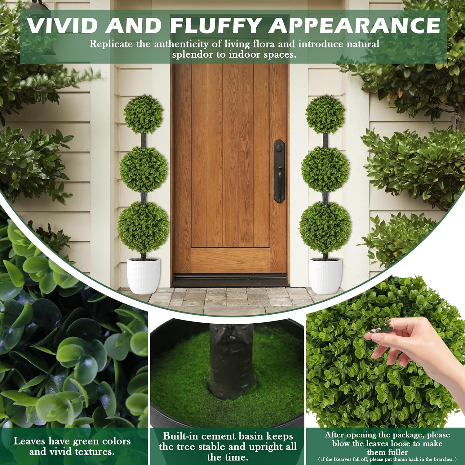 2-Pack 46.5" Artificial Topiary Triple Ball Boxwood Trees | Set of 2 Faux 3-Tier Boxwood for Entry