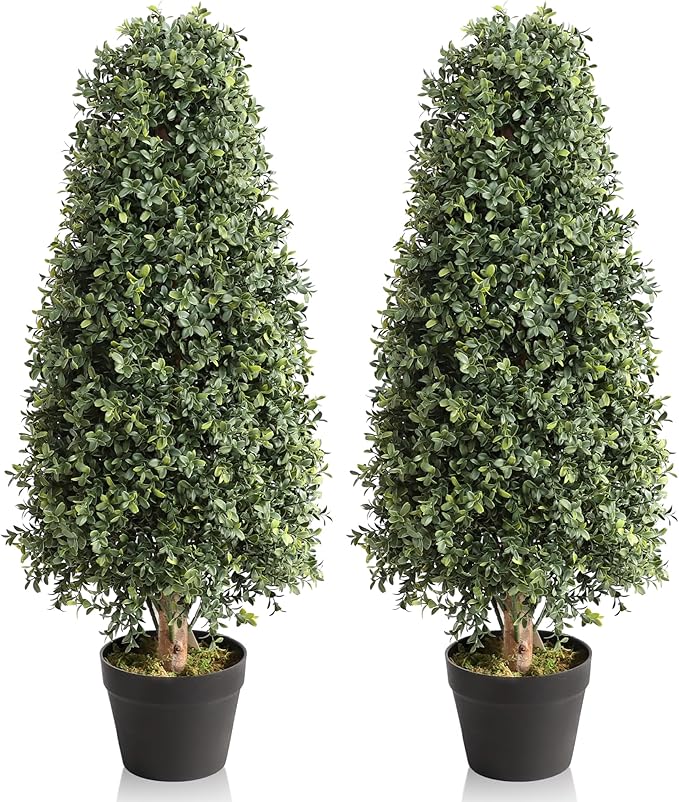 2-Pack 3ft Artificial Boxwood Topiary Trees – Classic Pyramid Cone Topiaries, Zero Maintenance