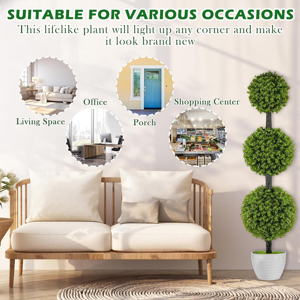 2-Pack 46.5" Artificial Topiary Triple Ball Boxwood Trees | Set of 2 Faux 3-Tier Boxwood for Entry