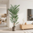 71 inch tall faux palm tree next to standing person for scale demonstrating nearly 6 foot height