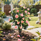 realistic pink camellia flower and leaves close up