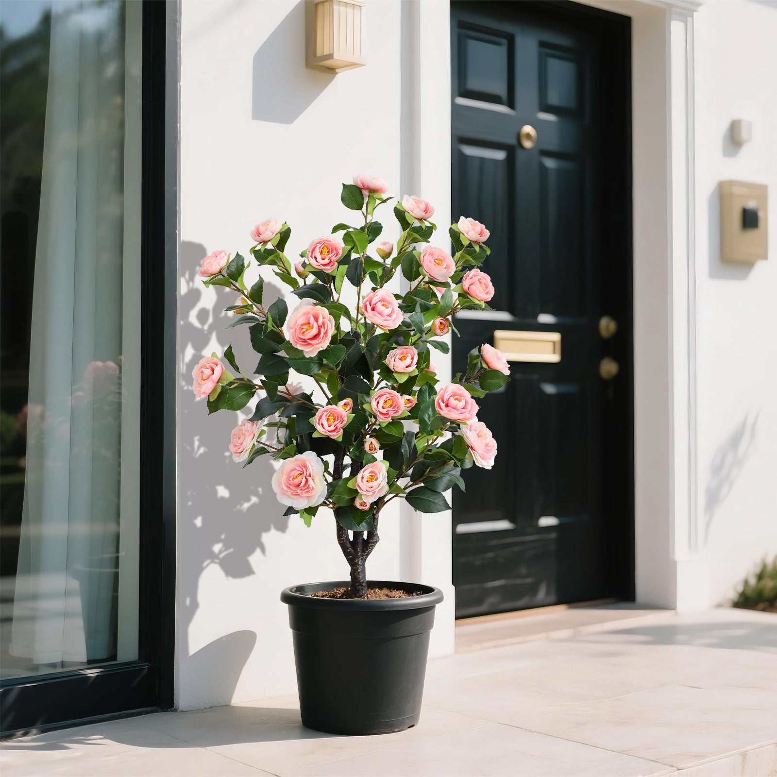 pink camellia spike in garden flower bed