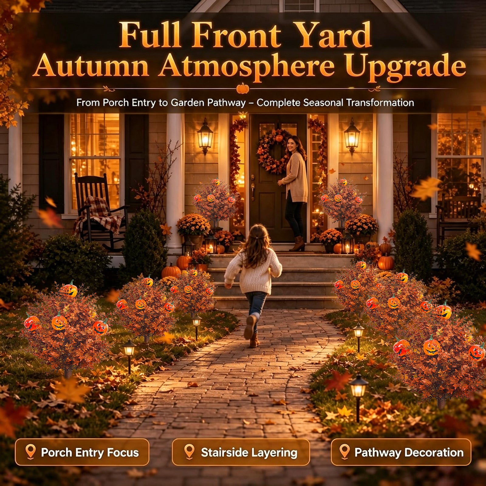 2-Pack 60cm Halloween Pumpkin & Orange Flower Yard Stakes