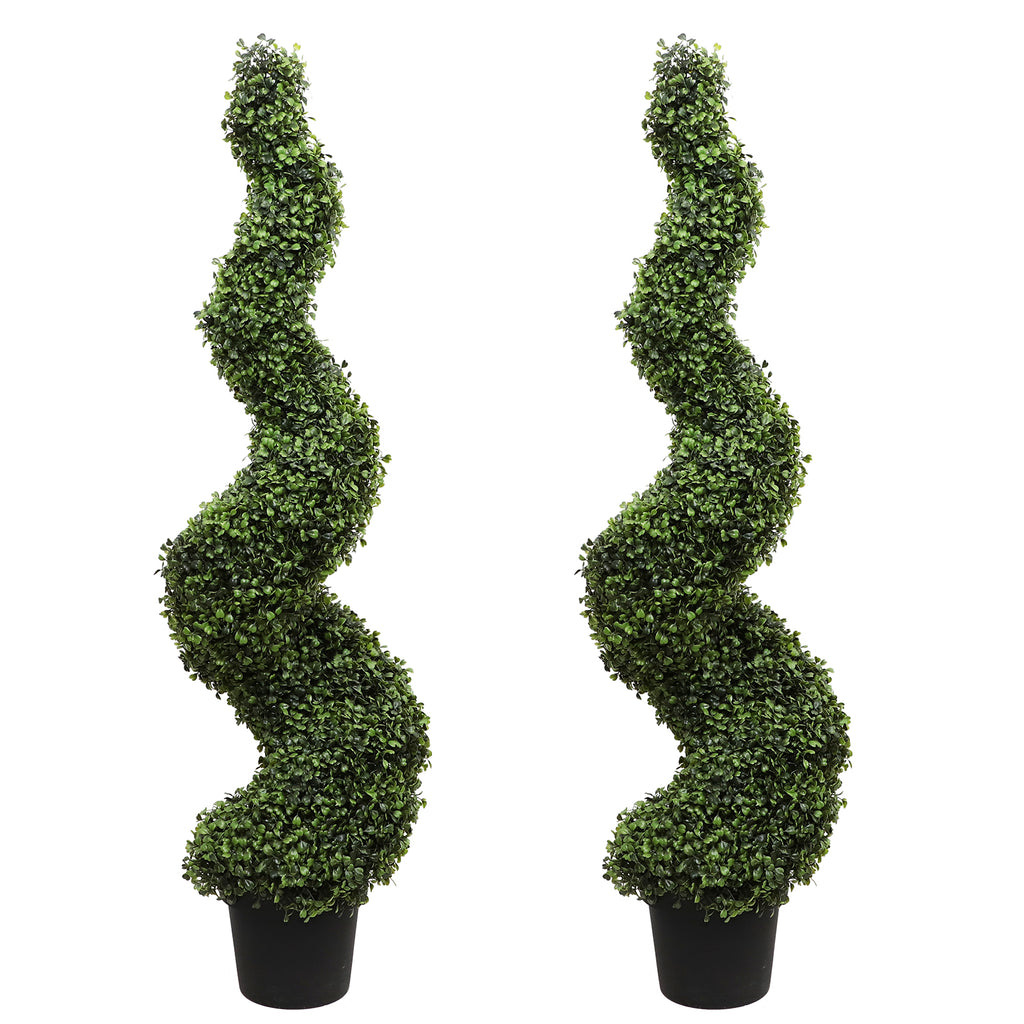2 pack 110cm artificial milan spiral trees side by side showing classic spiral form with lush green ball canopies