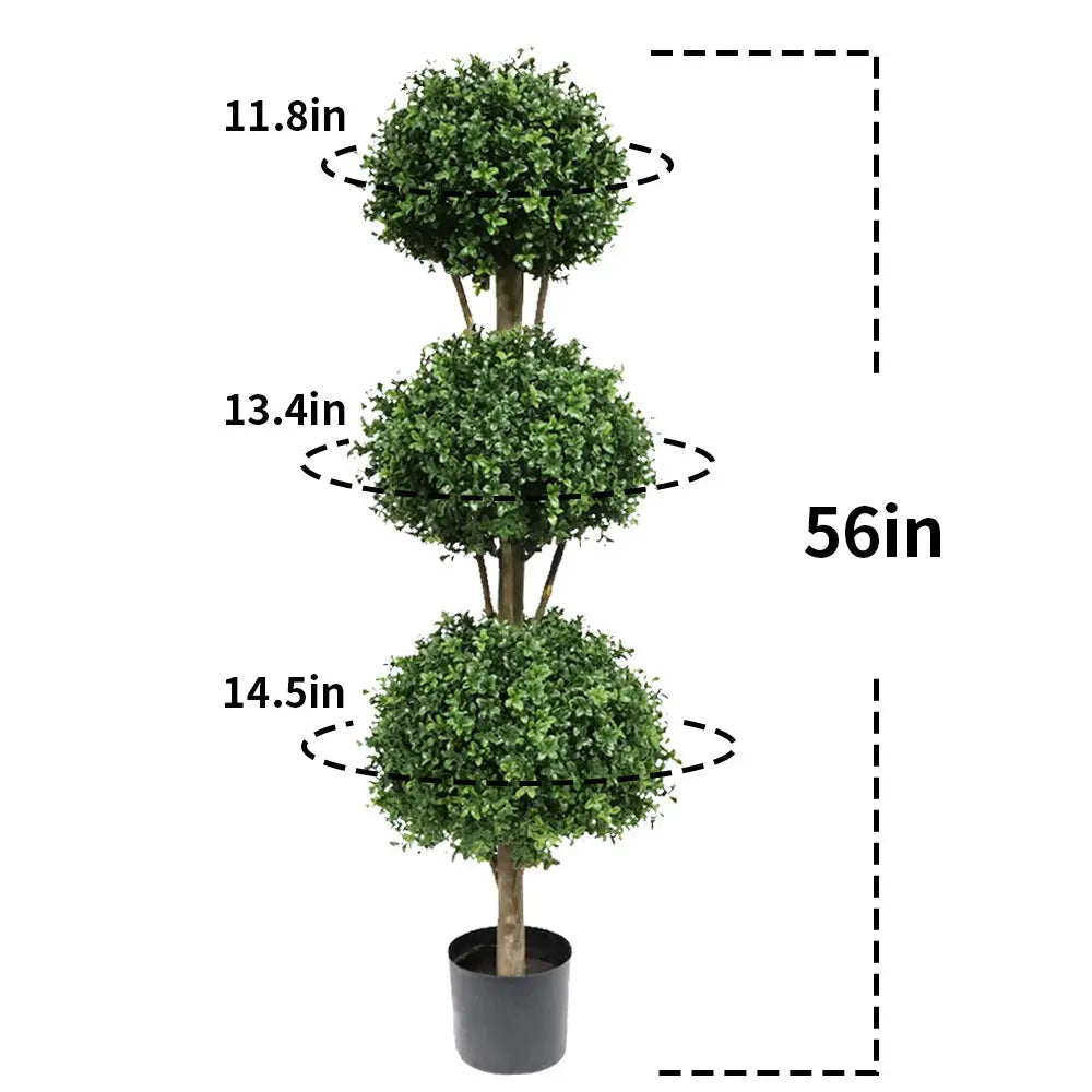 close up of triple ball boxwood topiary showing three rounded green spheres stacked vertically from large base to small top