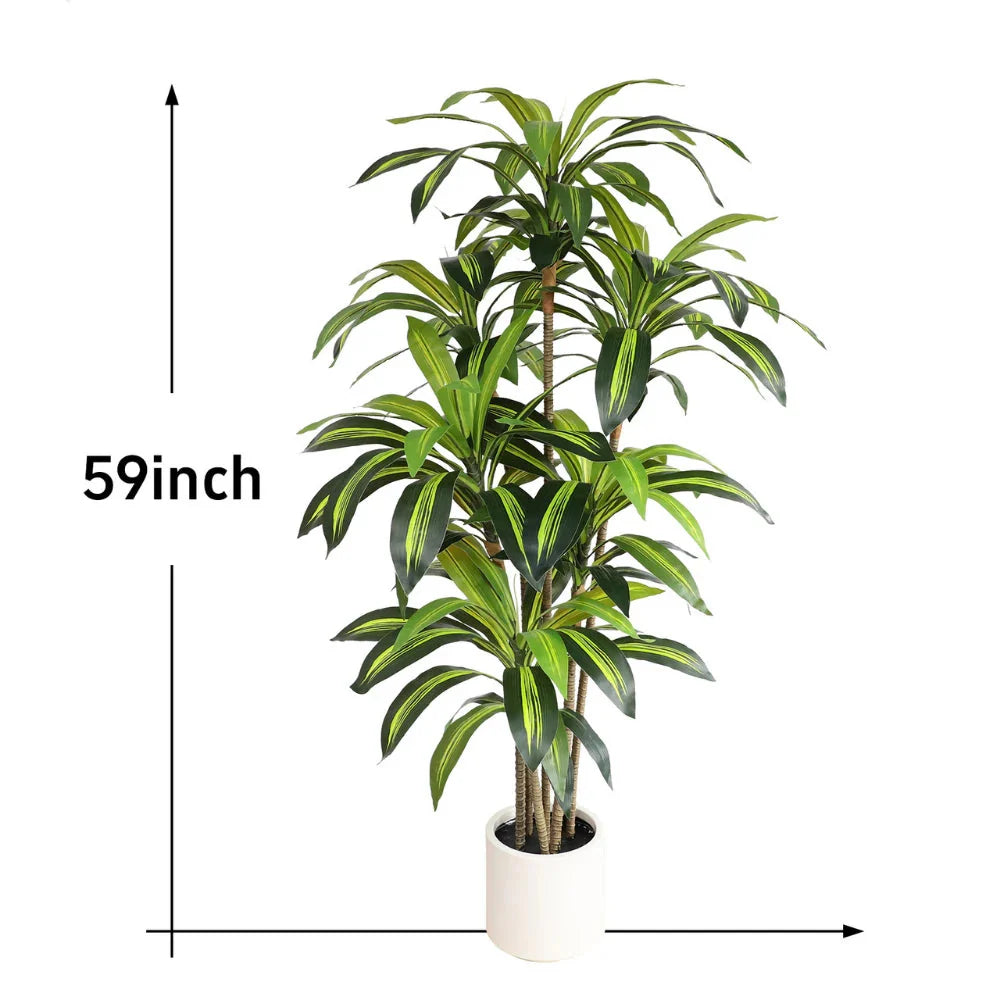 faux dracaena tree in hotel lobby corner near seating area providing low maintenance tropical modern feel