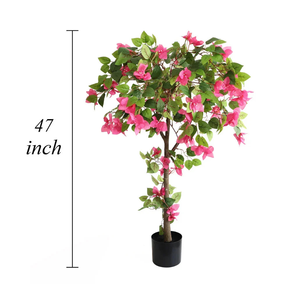 faux bougainvillea tree at restaurant entrance greeting guests with bold Mediterranean or tropical color
